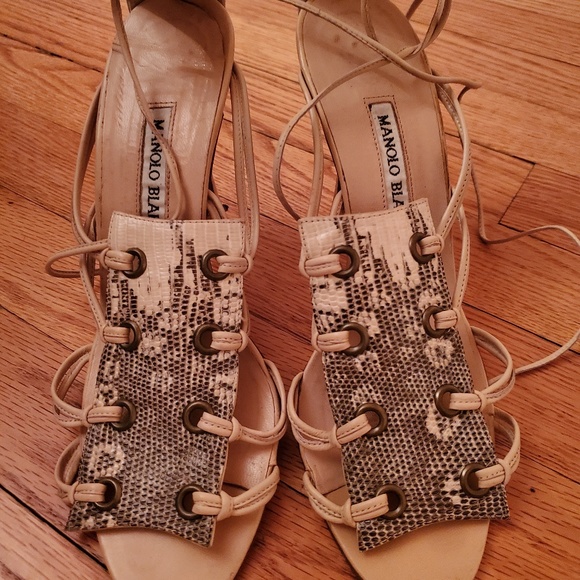 Manolo Blahnik Snakeskin Leather Wrap Sandal, 7.5 - Picture 2 of 4